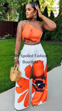 Load image into Gallery viewer, Women’s Two-Piece Floral Crop Top Wide Leg Pants Set
