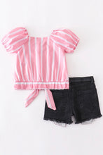 Load image into Gallery viewer, Pink/White Strip Short Set

