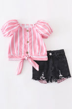 Load image into Gallery viewer, Pink/White Strip Short Set
