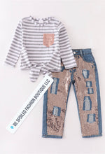 Load image into Gallery viewer, Sparkle Strip Jeans and Long Sleeve Shirt Set
